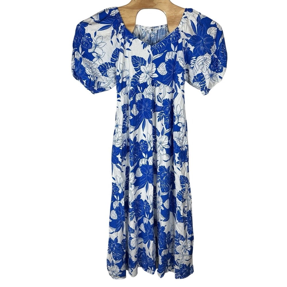 Baltic Born Leela Maxi Dress Size Large Blue Tropical Floral Puff Sleeve Pockets